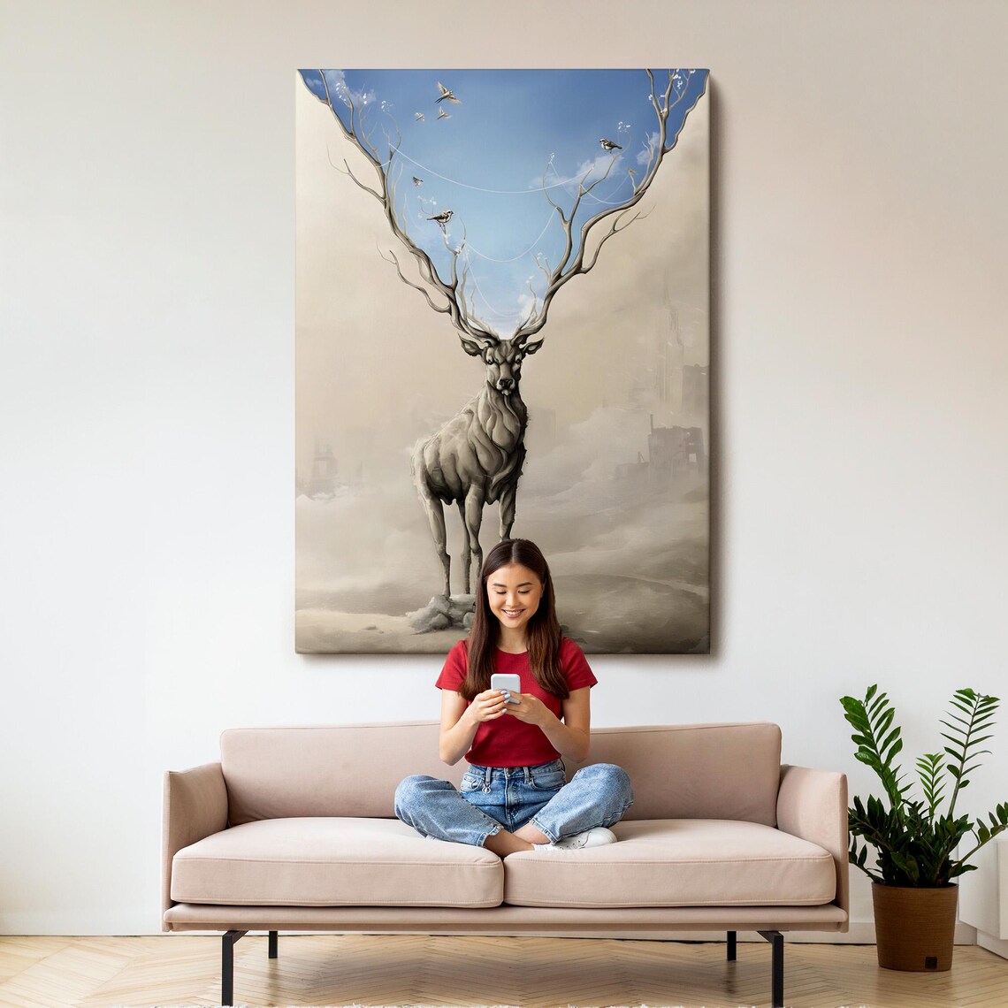 Surreal Stag Tree Branch Antlers Dreamy Sky Birds Fantasy Canvas Wall Art - Image 3