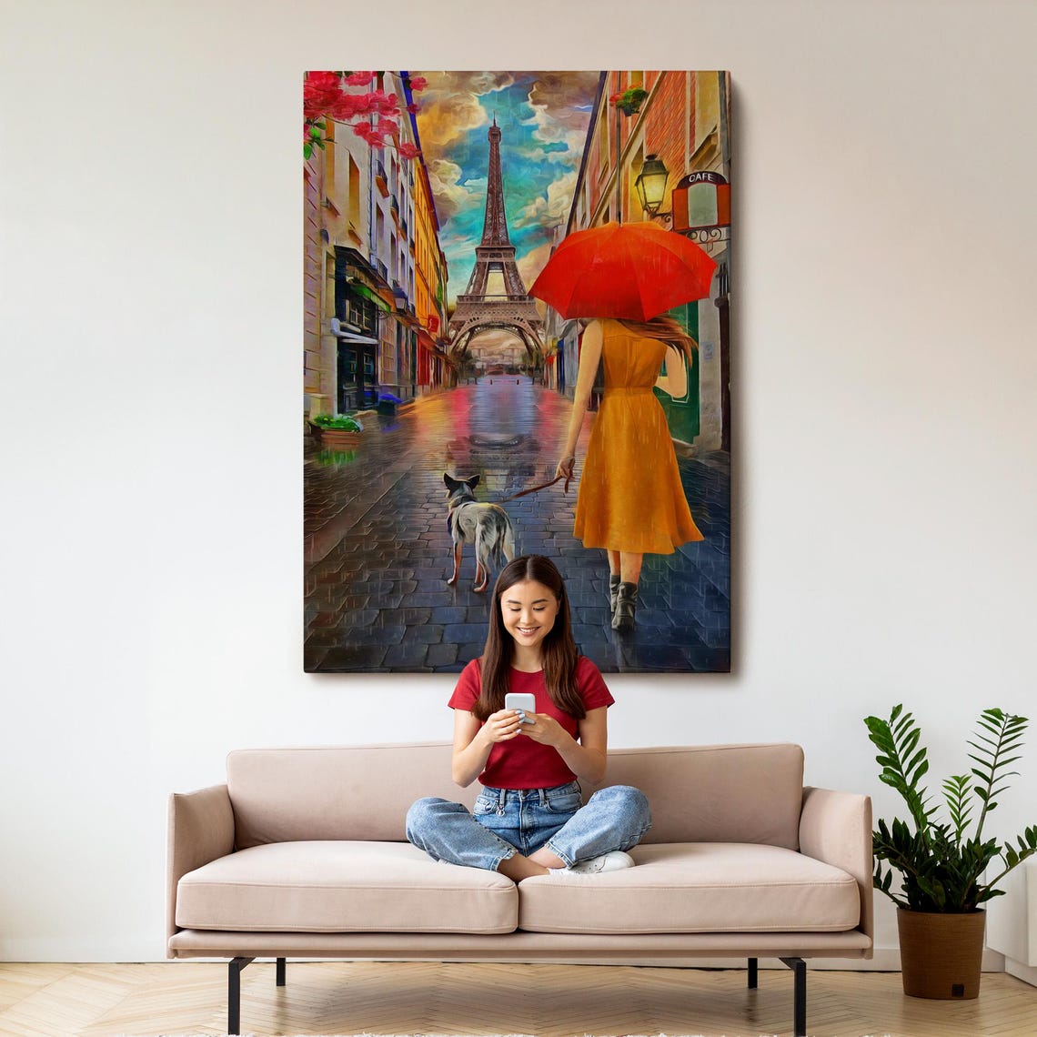Woman Red Umbrella Dog Rainy Eiffel Tower Paris Street Travel Poster - Image 3