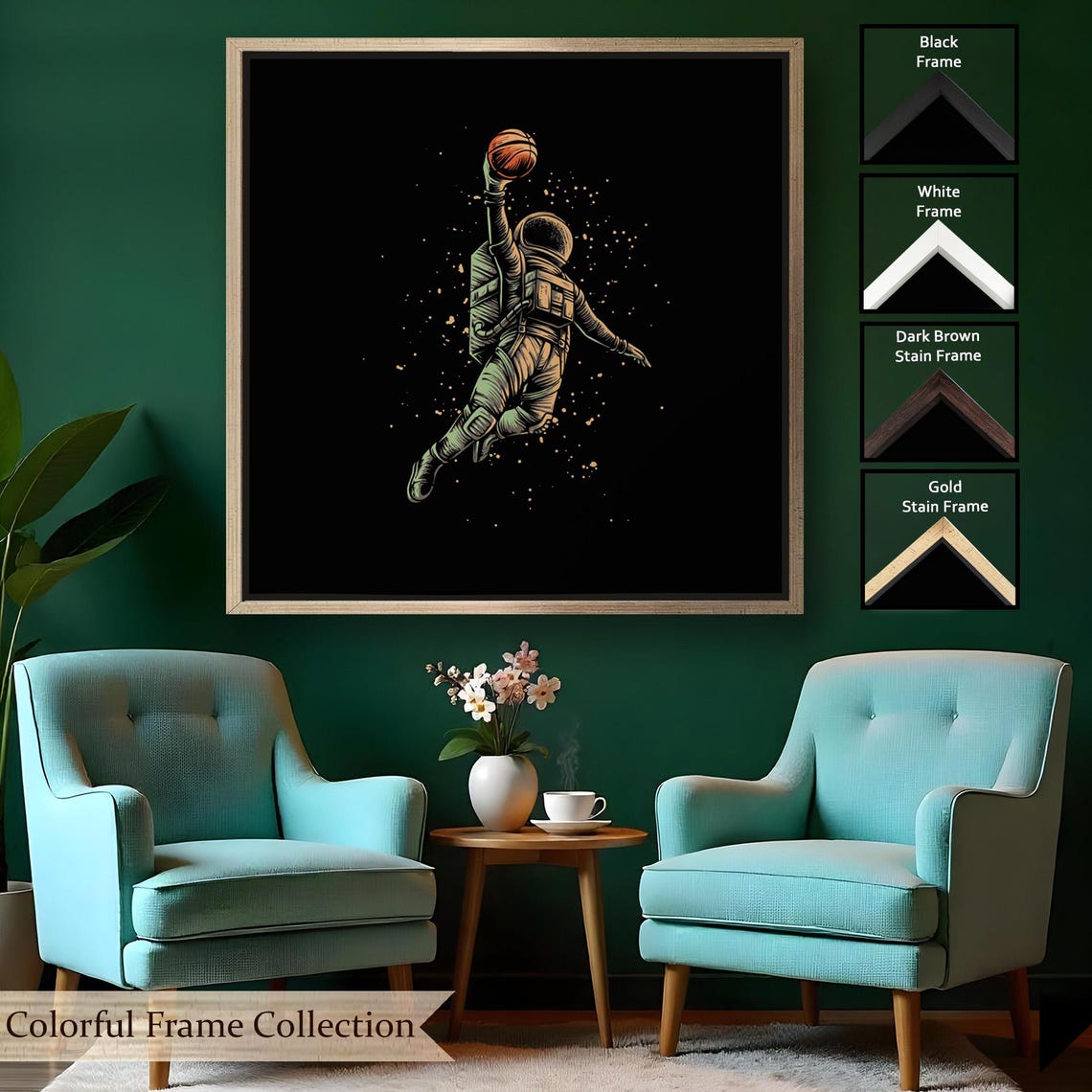 Astronaut Playing Basketball On The Moon Painting Minimal Print Minimal Modern Wall Decor Framed Wall Art - Image 2