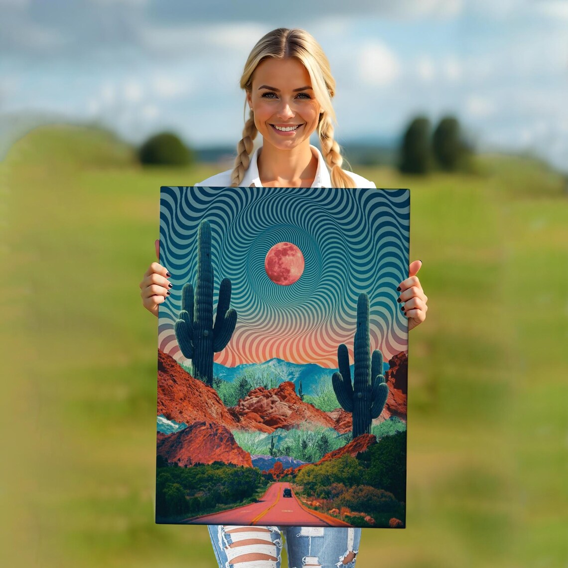 Psychedelic Desert Road Retro Saguaro Cactus Moon Night Sky Art Poster - Image 5