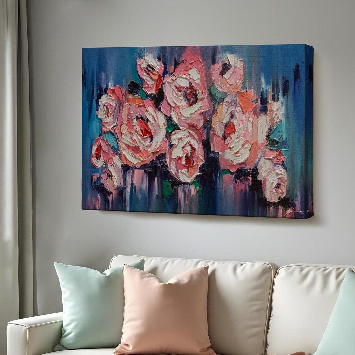 Pink Peony Bouquet Impasto Oil Painting Blue Background Wall Art