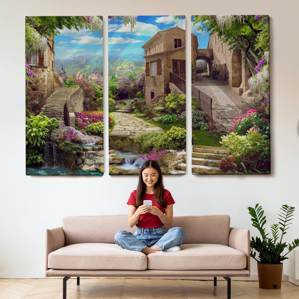 Stone Village Waterfall Flower Gardens Mountain View Europe Poster - Image 2