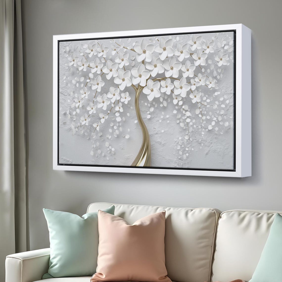 White Flower Tree Gold Trunk 3D Floral Elegant Modern Wall Art - Image 3