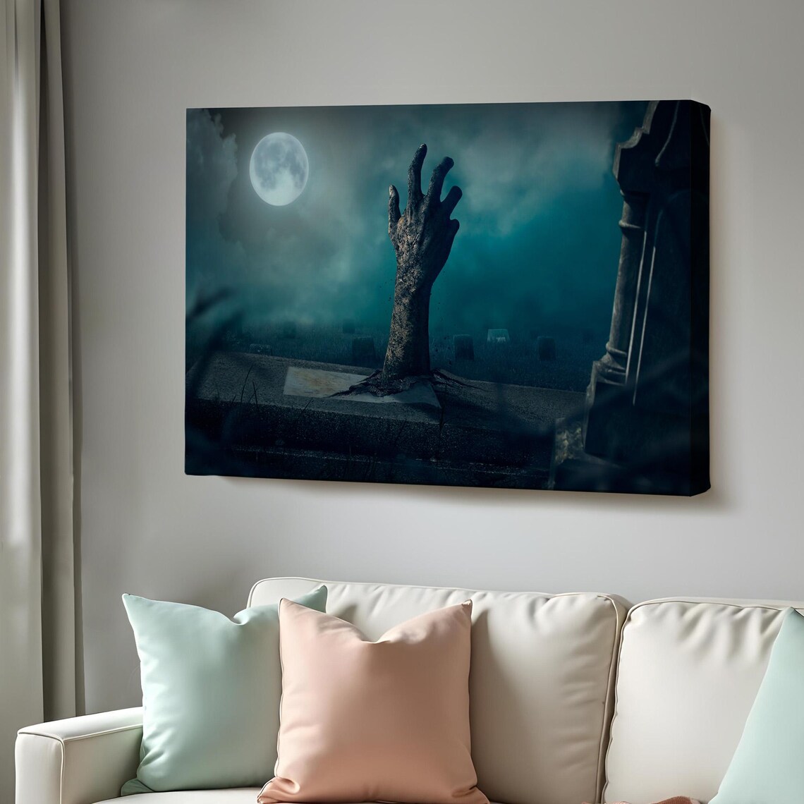 Zombie Hand Rising Graveyard Full Moon Spooky Horror Night Wall Art Poster