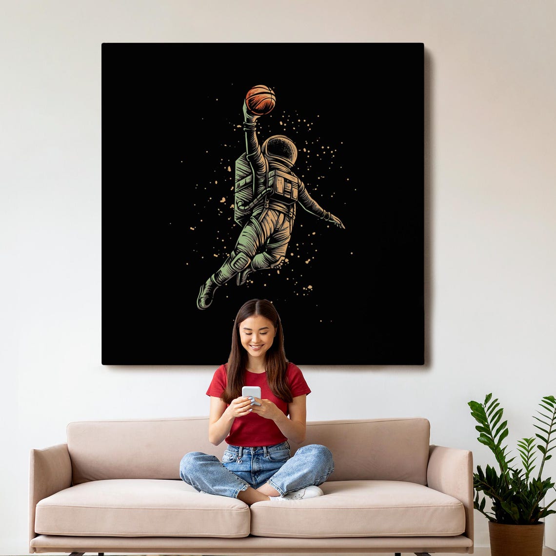 Astronaut Slam Dunking Basketball In Outer Space Black Sports Poster - Image 3