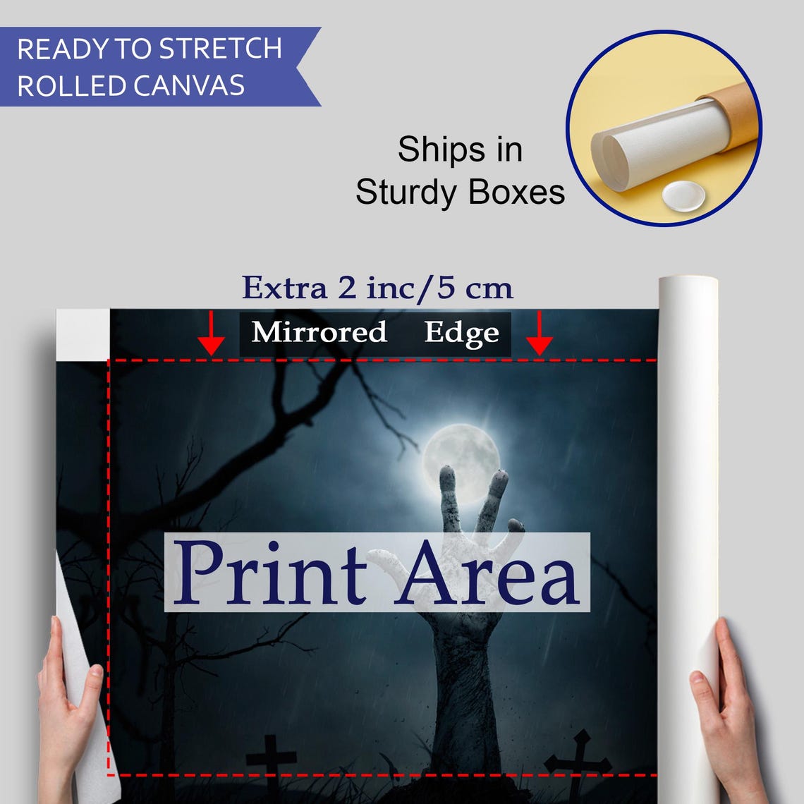 Zombie Hand Rising From Grave Moonlit Cemetery Halloween Art Poster - Image 4