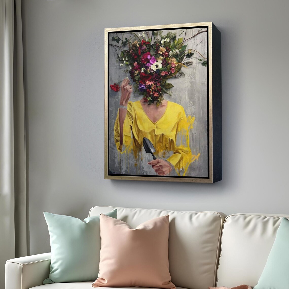Woman With Flower Head Holding Trowel Surreal Floral Portrait Wall Art - Image 4