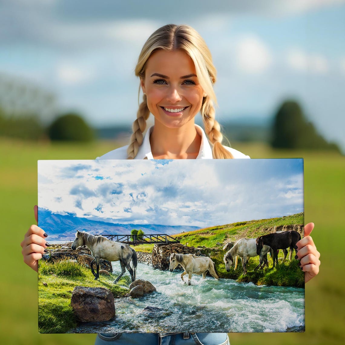 Wild Horses Crossing Mountain River Rushing Stream Nature Wall Art - Image 5