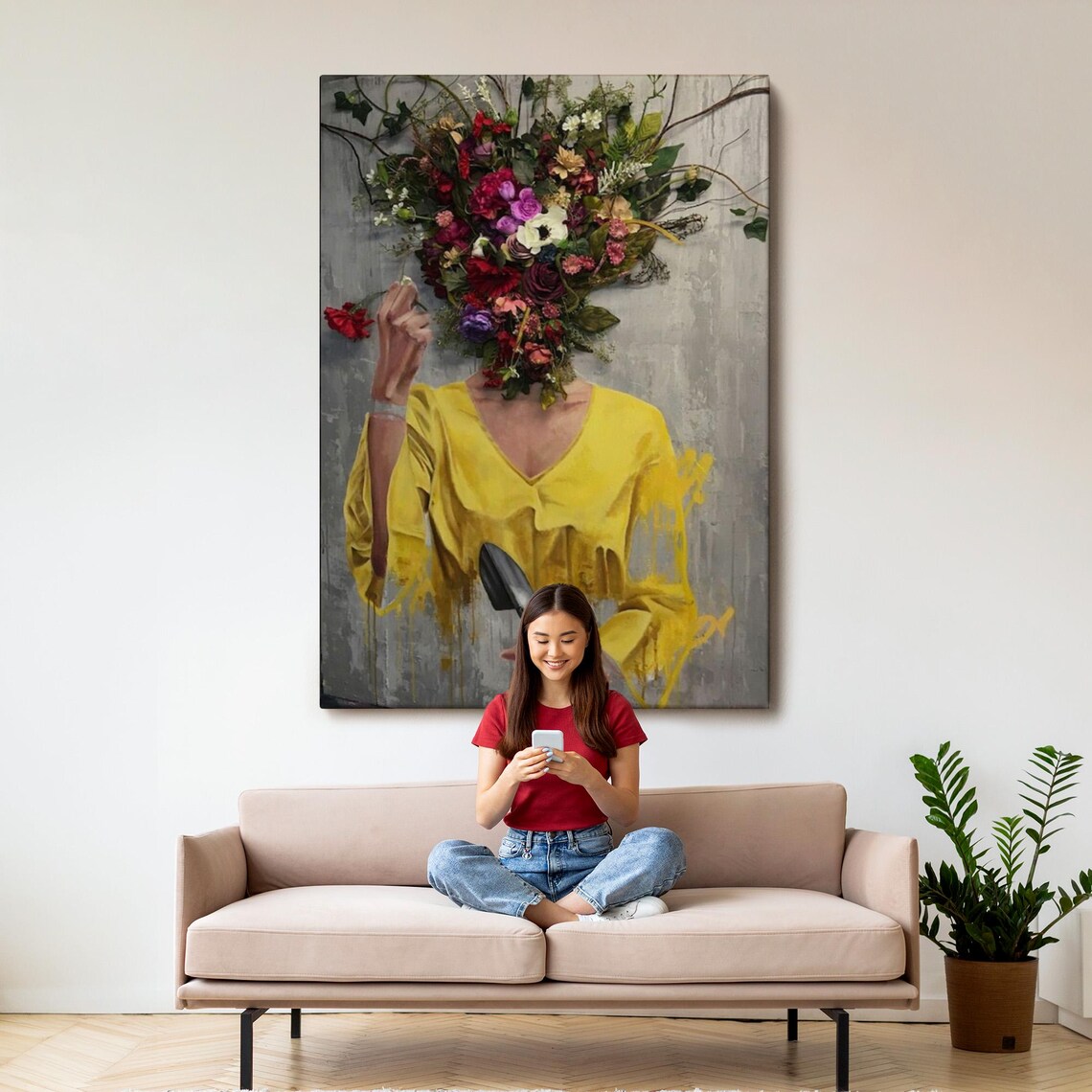 Woman With Flower Head Holding Trowel Surreal Floral Portrait Wall Art - Image 3