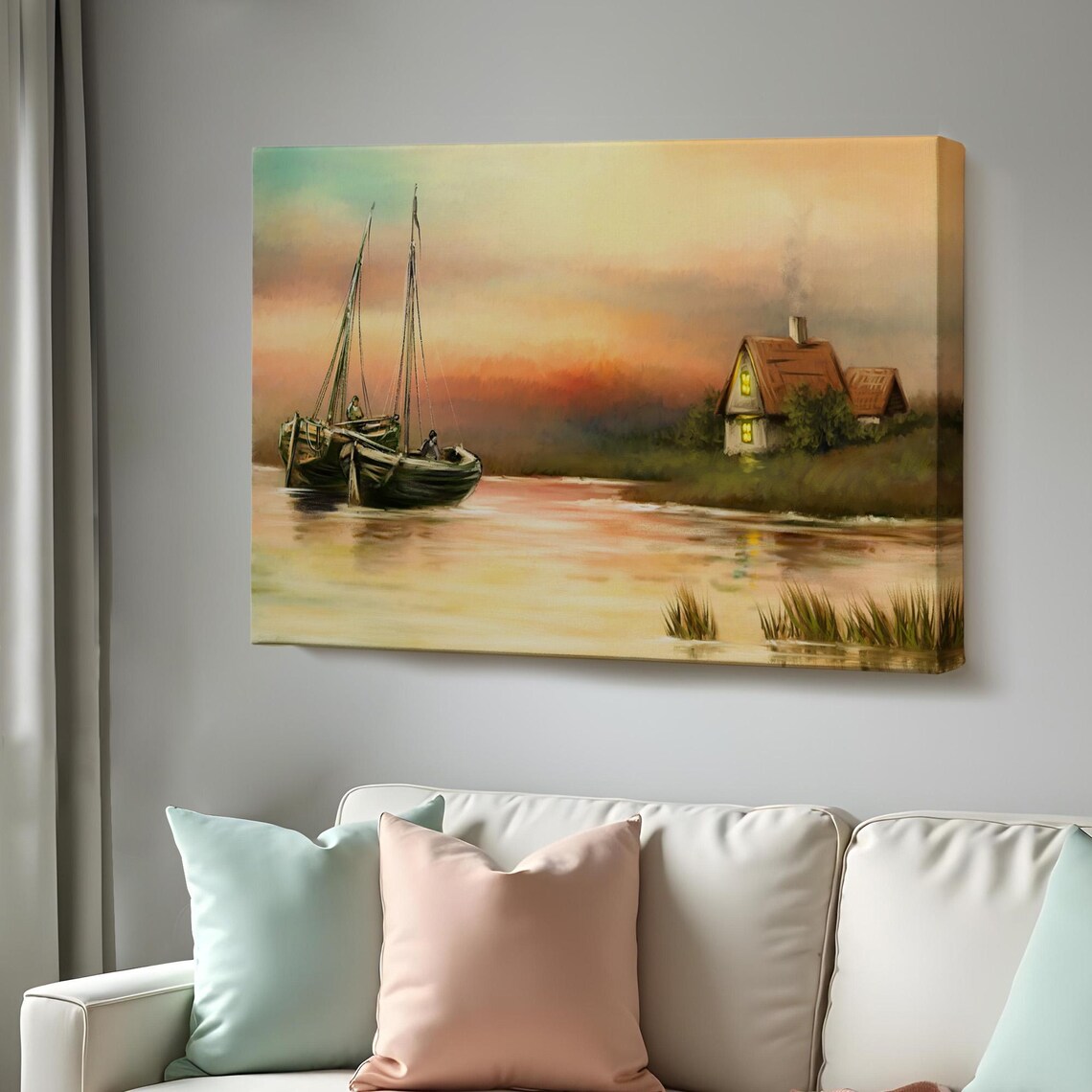 Riverside Cottage With Boats At Dusk Calm Water Painting Wall Art