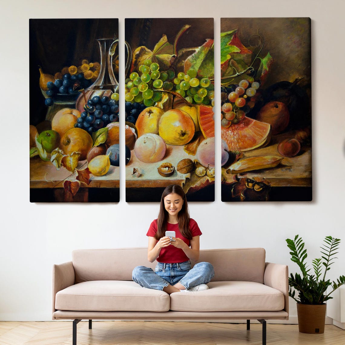 Classic Fruit Still Life Oil Painting Grapes Peaches Melon Wall Art - Image 2