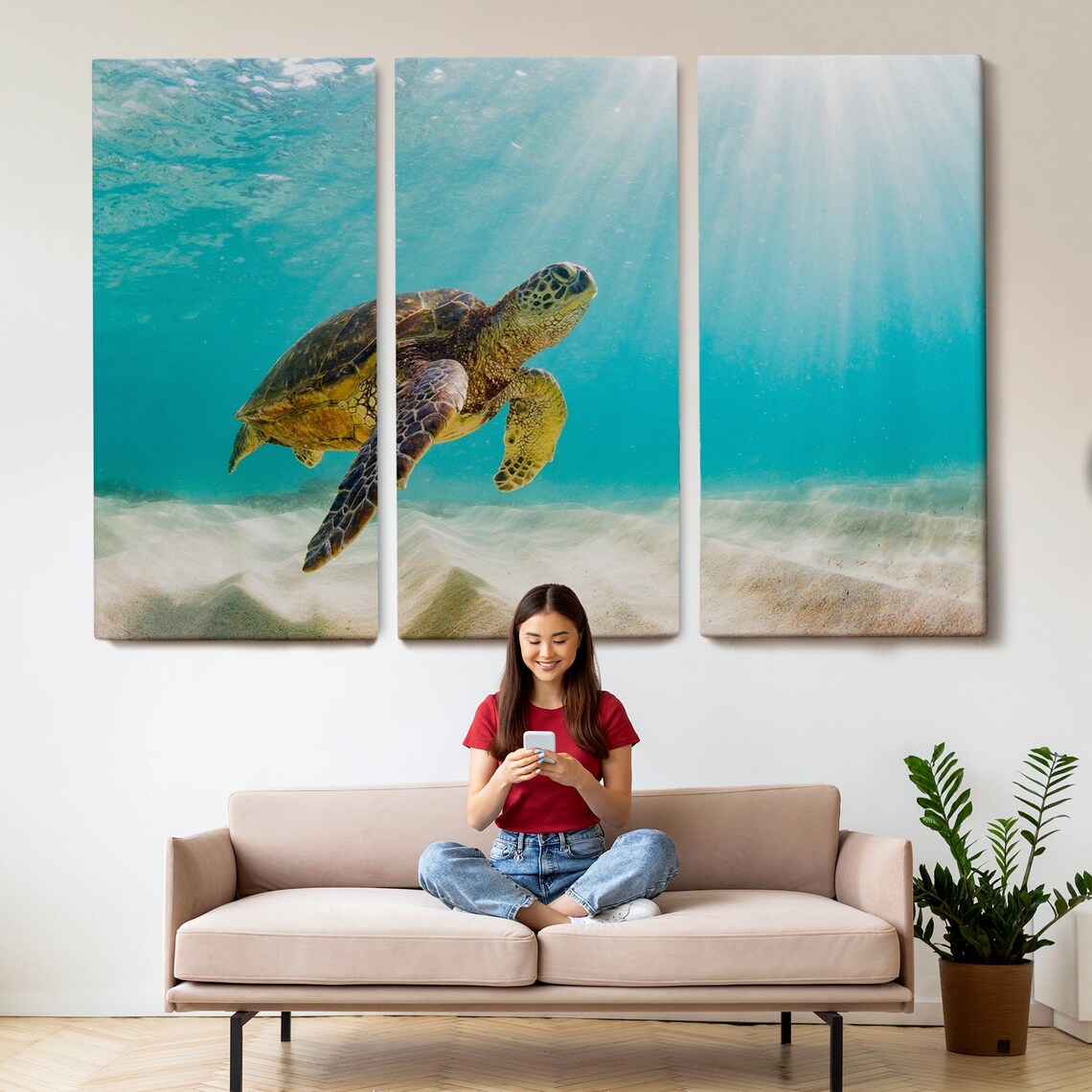Sea Turtle Swimming Sunlit Turquoise Water Underwater Ocean Poster - Image 2