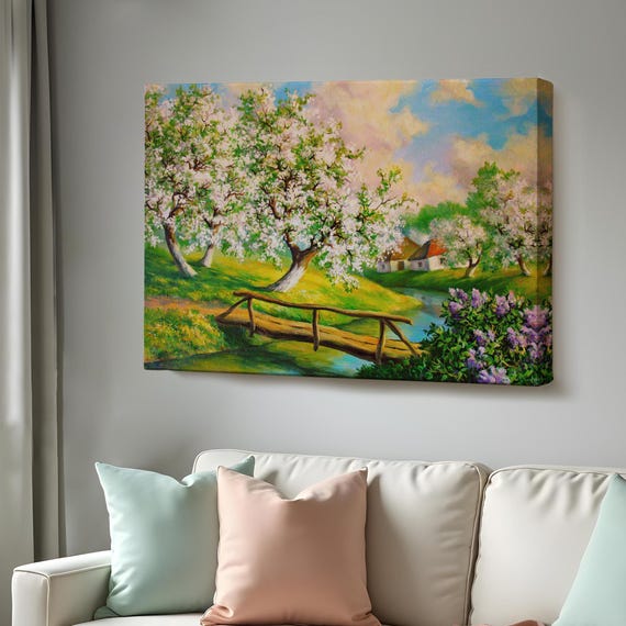 Spring Landscape With Stream Flowing Through The Village Wall Painting Nature Art Nature Wall Decor Nature Decor
