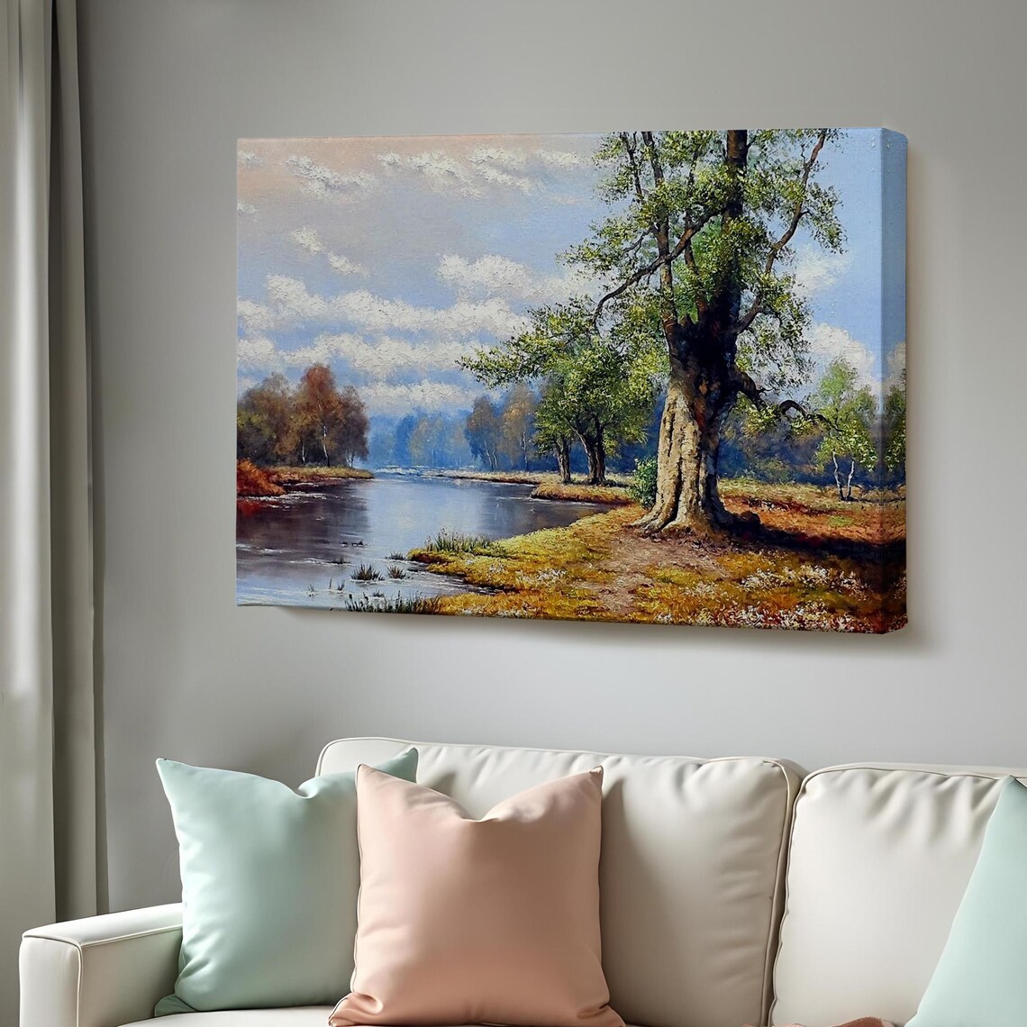 Riverbank Oak Tree Calm Water Autumn Meadow Landscape Poster