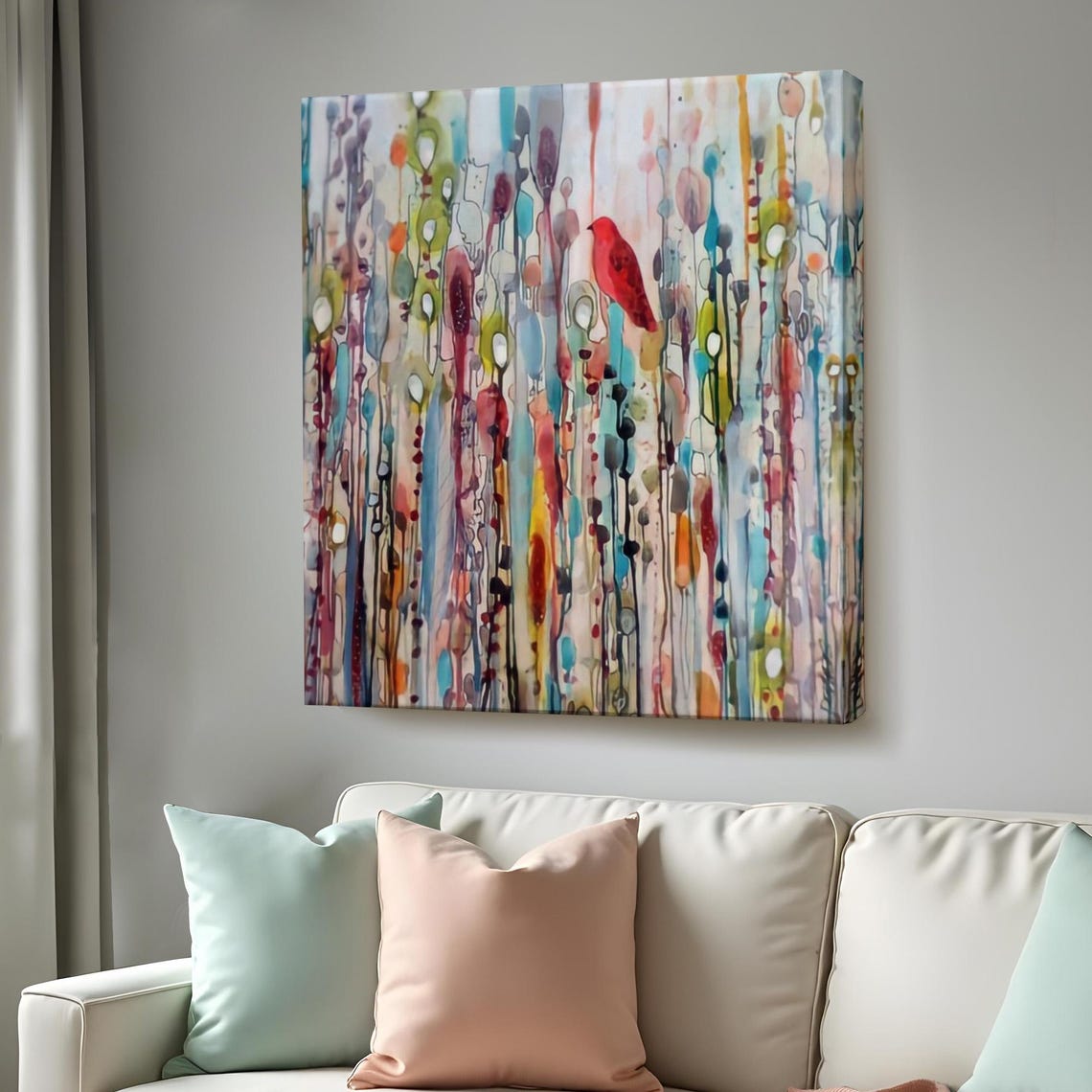 Colorful Abstract Watercolor Rain Red Bird Silhouette Art Poster