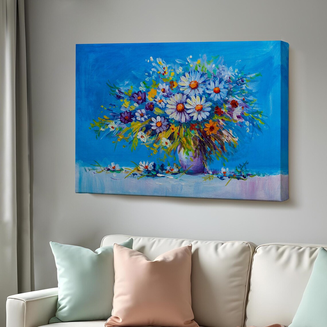 Wildflowers Bouquet Purple Vase Bright Blue Oil Painting Wall Art
