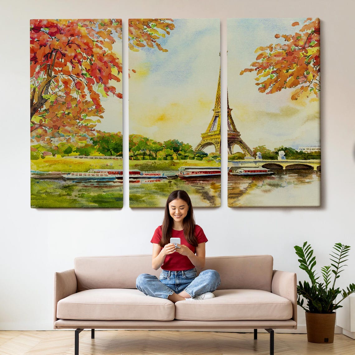 Eiffel Tower Seine River Autumn Trees Watercolor Paris View Poster - Image 2