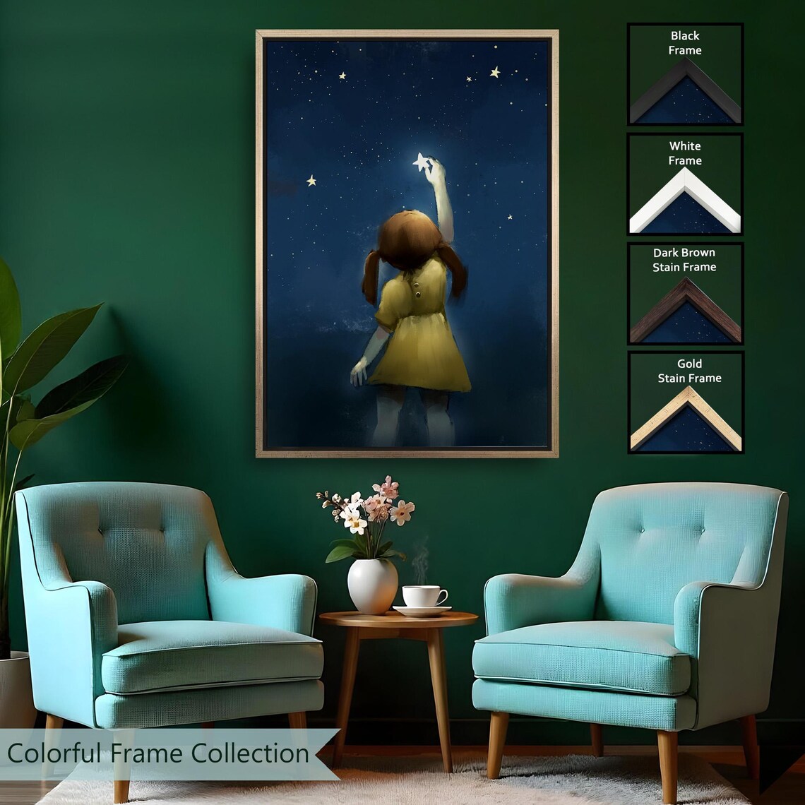Little Girl Reaching For A Star In The Night Sky Painting Wall Art - Image 2