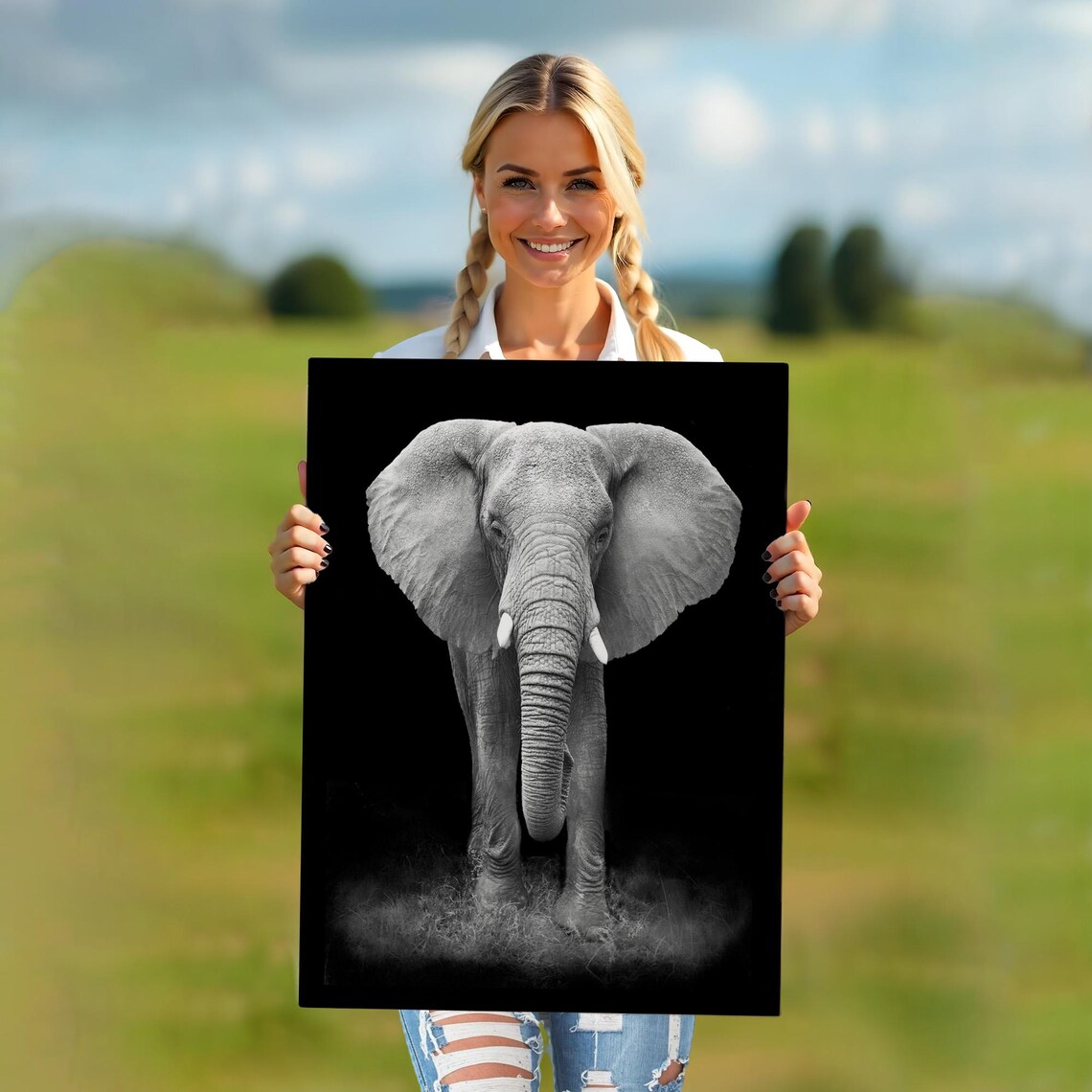 African Elephant Black and White Front Portrait Dramatic Wildlife Wall Poster - Image 5