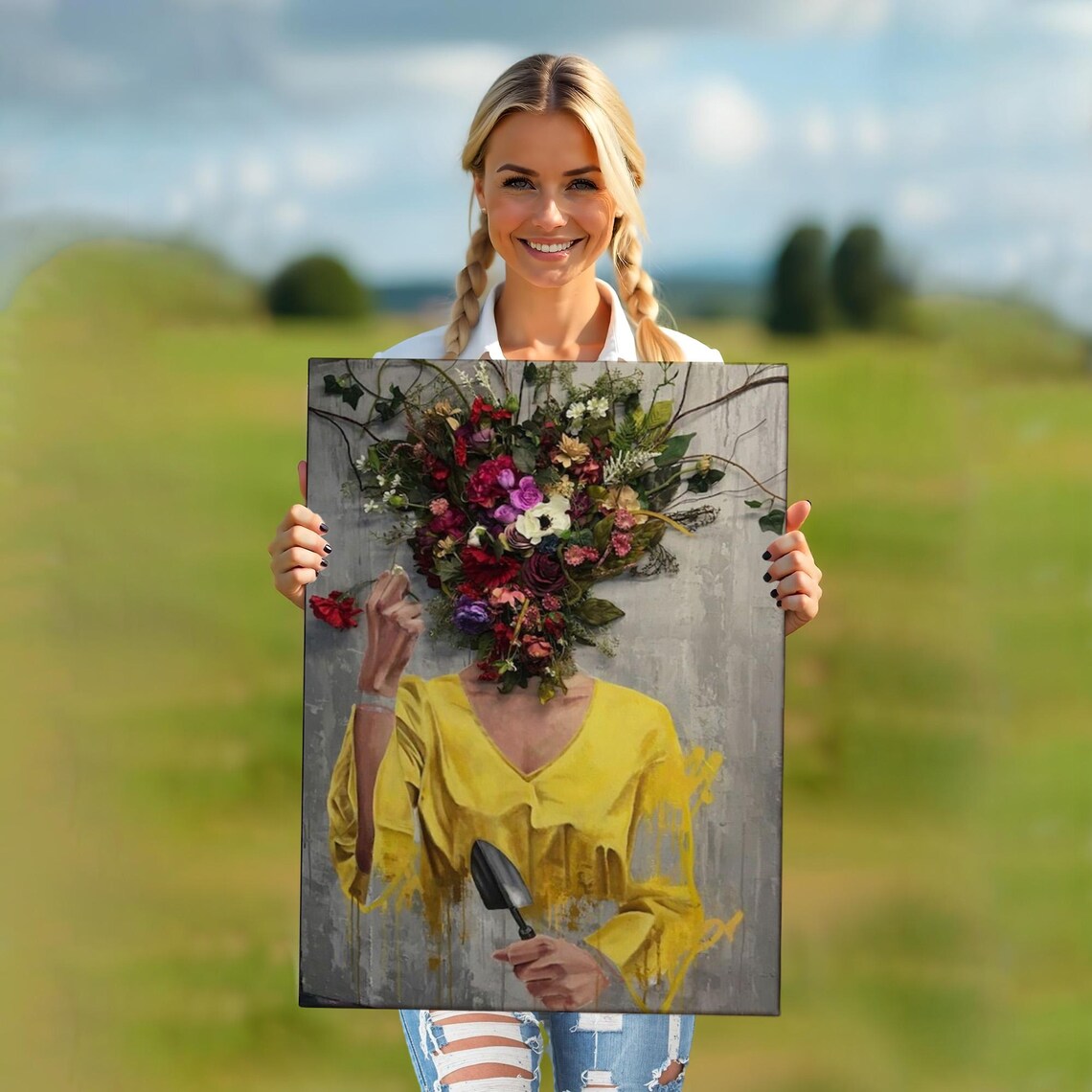 Woman With Flower Head Holding Trowel Surreal Floral Portrait Wall Art - Image 5