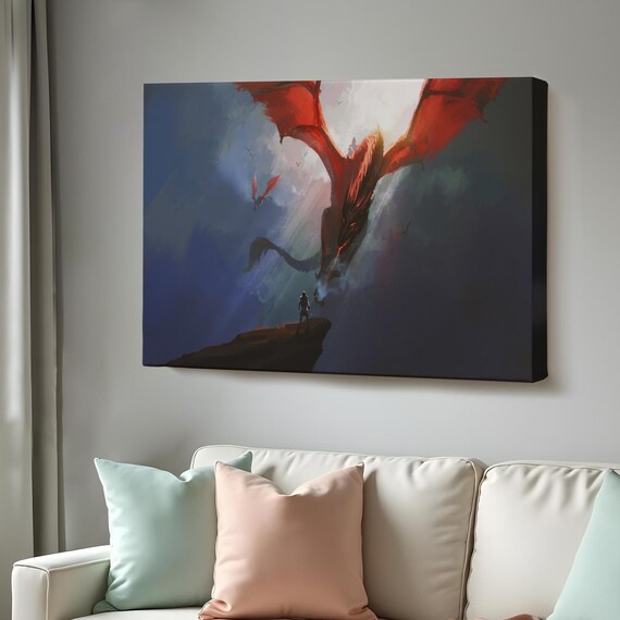 Warrior On The Dragons Brow Painting Housewarming Gift Large Wall Art Surreal Print Surreal Modern Wall Decor