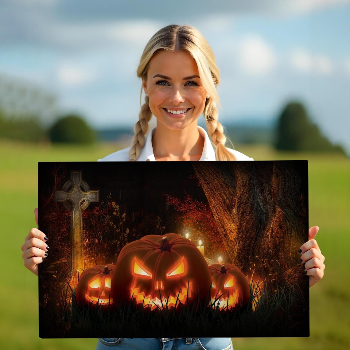 Glowing Carved Pumpkins Dark Cemetery Night Halloween Art Poster - Image 5