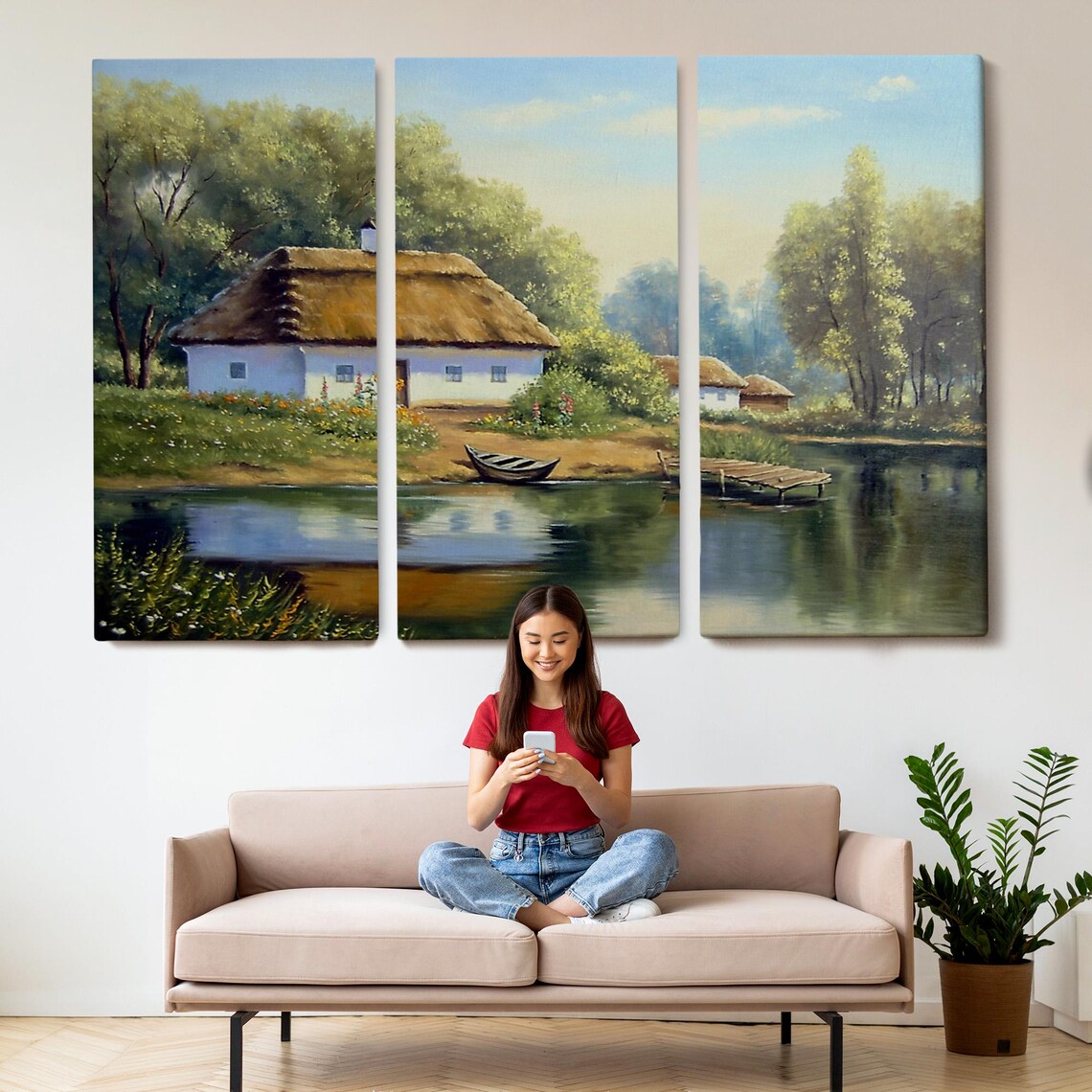Lakeside Thatched Roof Cottage Rowboat Calm Water Oil Painting Poster - Image 2