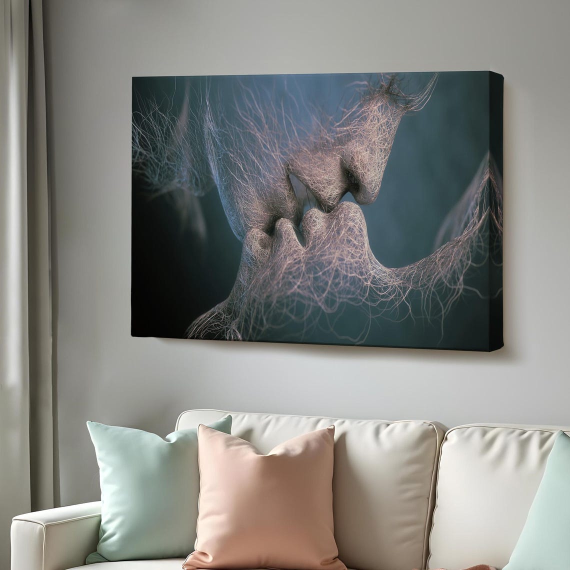 Lovers Faces Formed Of Fine Threads Romantic Couple Kiss Print