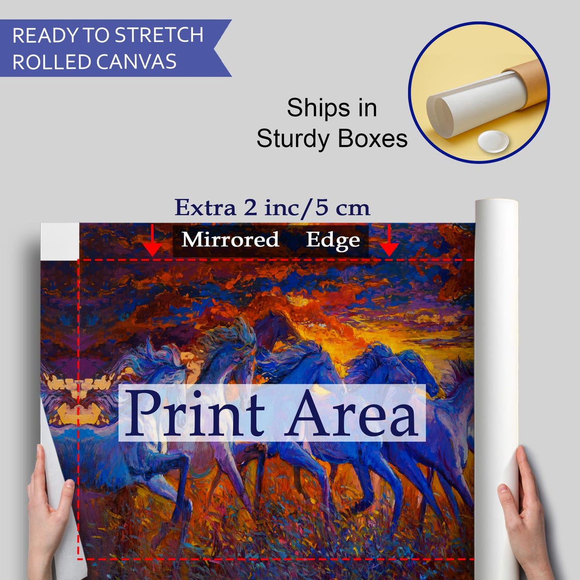 Galloping Horses Fiery Sunset Sky Blue Herd Dynamic Painting Poster - Image 4