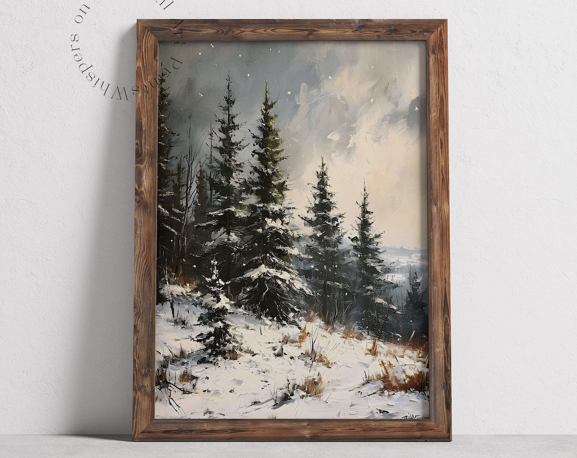 Moody Snowy Evergreen Forest Dark Pines Winter Landscape Poster