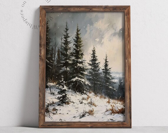 Rustic Forest Art Print Winter Pine Tree Wall Art Winter Landscape Art Moody Farmhouse Decor