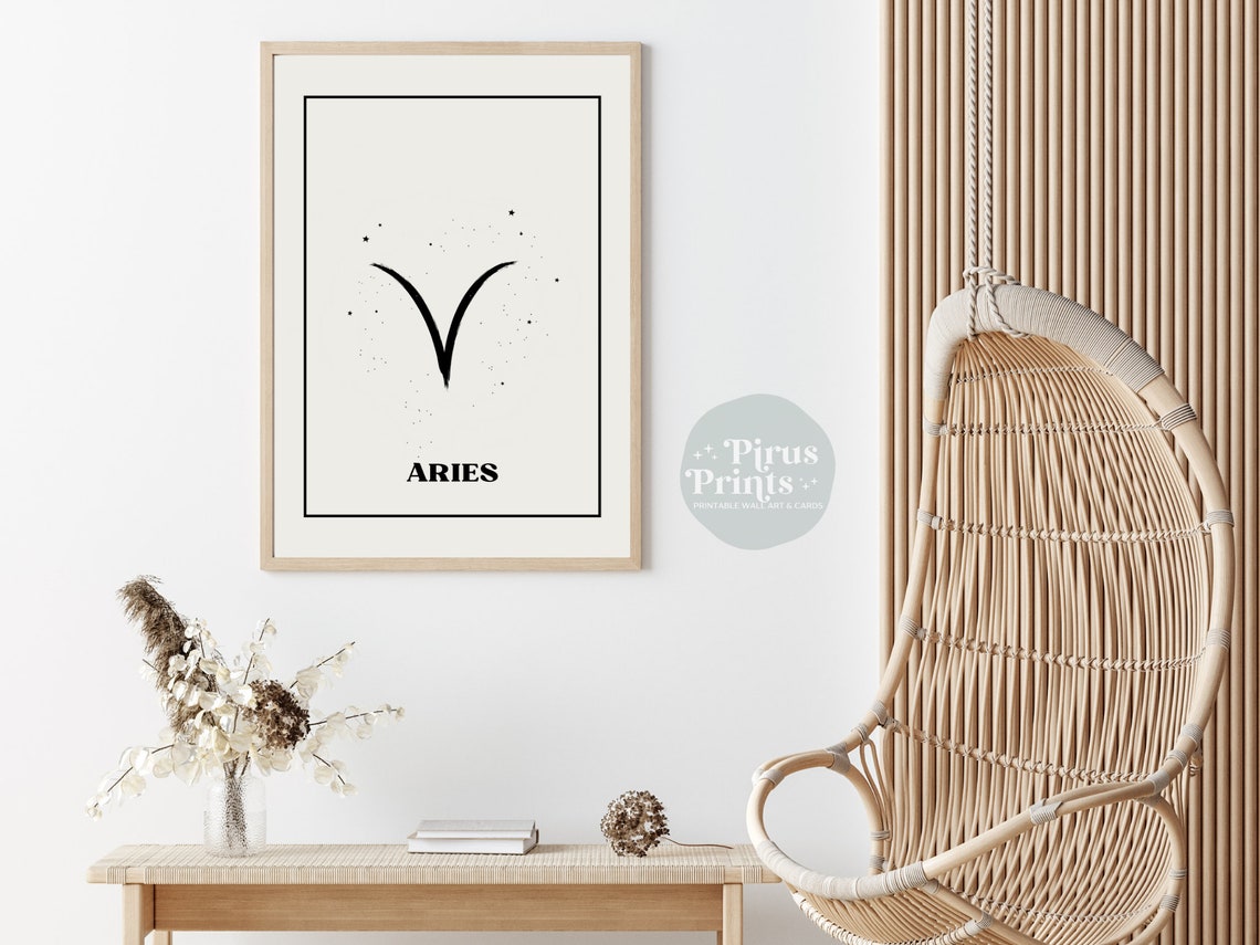 Aries Ram Horns Zodiac Sign Minimal Black White Starry Wall Art - Image 2