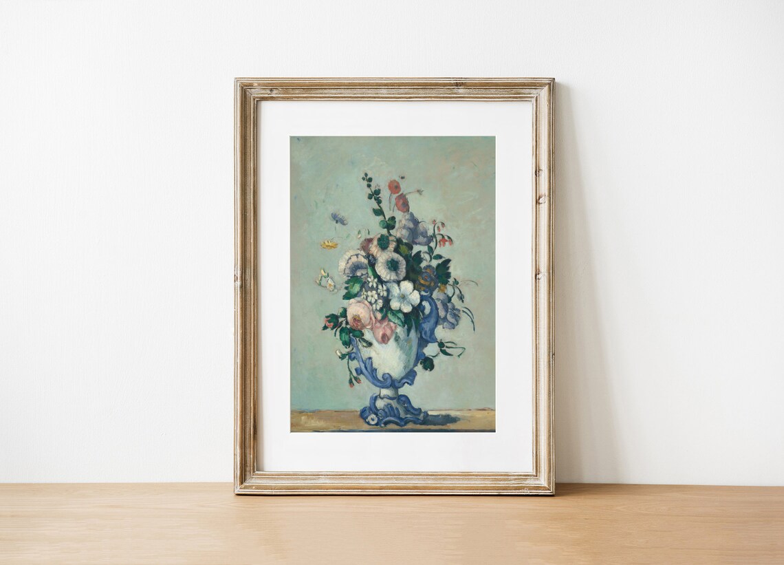 Vintage Floral Still Life Impressionist Bouquet Blue Vase Art Print - Image 2