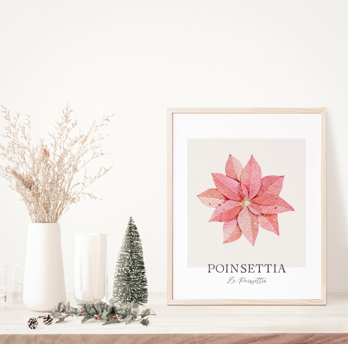 Watercolor Pink Poinsettia Botanical Print Christmas Flower Wall Art - Image 3