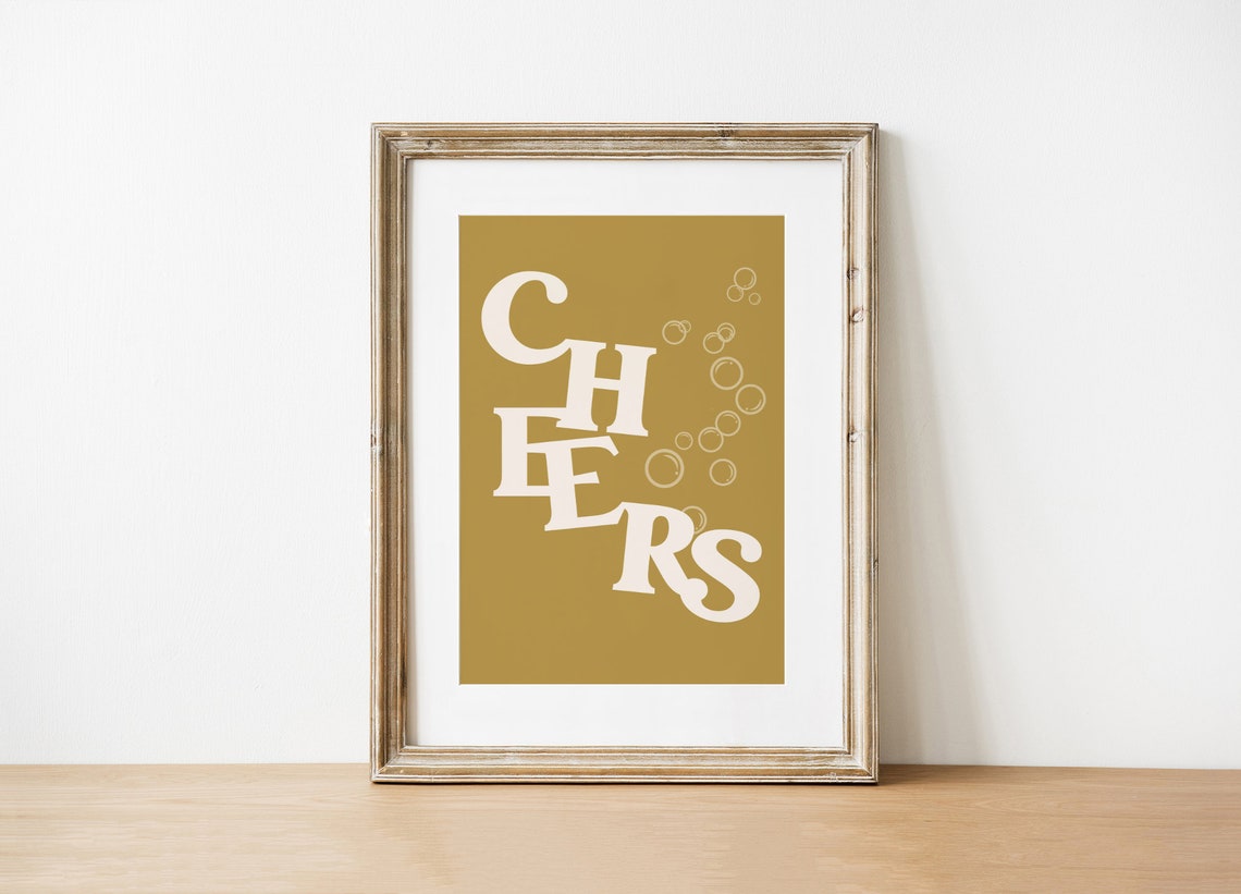 Cheers Retro Typography Print Mustard Gold Bar Cart Party Wall Art - Image 5