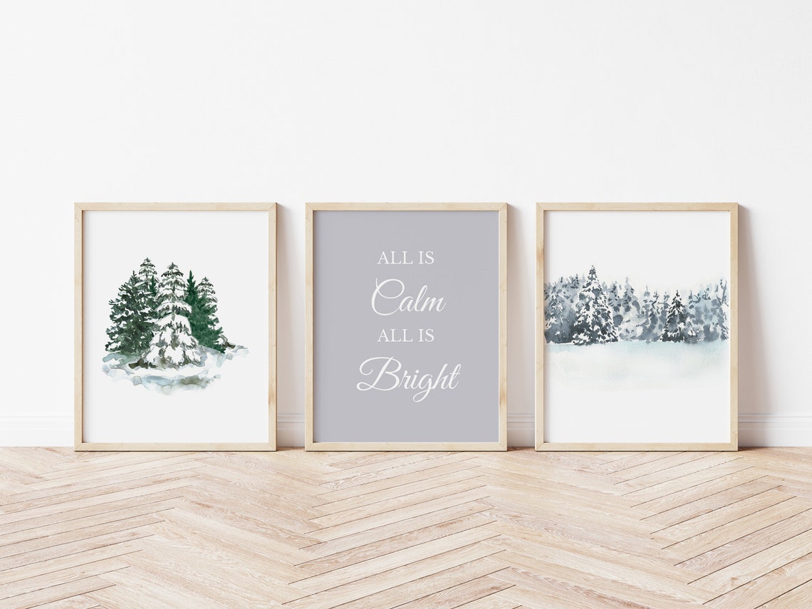Minimal Watercolor Snowy Pine Forest Winter Landscape Wall Art Print - Image 2