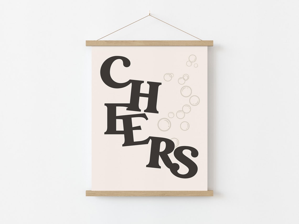Cheers Retro Typography Print Black Cream Bar Cart Champagne Wall Art - Image 3