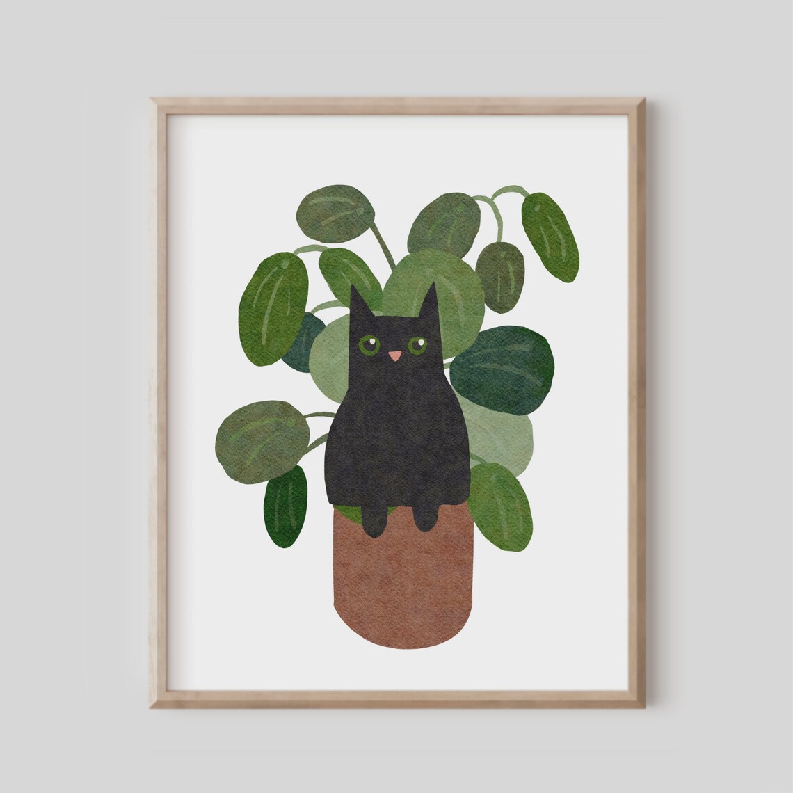 Black Cat Sitting in Potted Plant Watercolor Cute Nursery Art Poster
