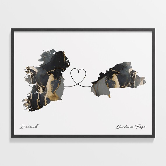 Ireland to Burkina Faso Heart Line Two Countries Black Gold Marble Poster