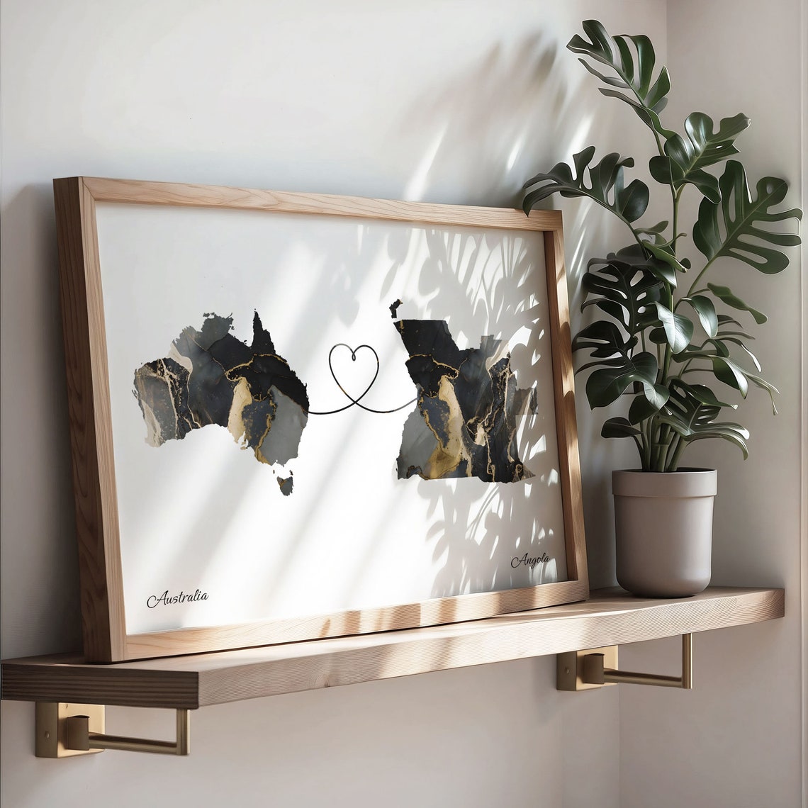 Australia To Angola Black Gold Marble Long Distance Heart Map Poster - Image 3