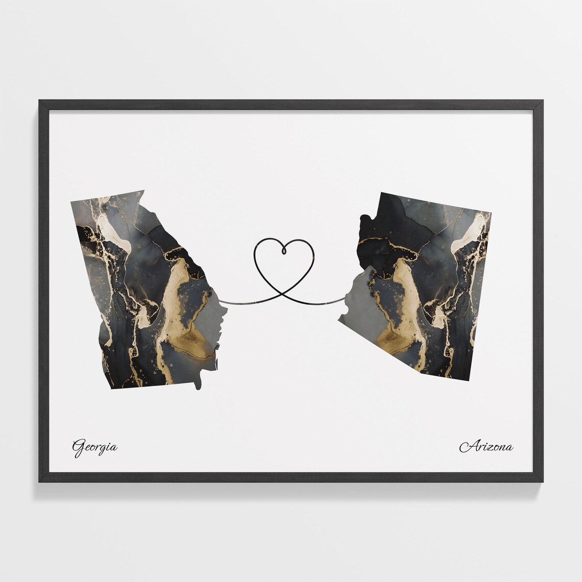 Georgia to Arizona Black Marble State Map Long Distance Love Poster