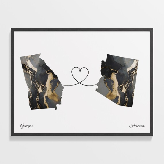 Georgia to Arizona Black Marble State Map Long Distance Love Poster