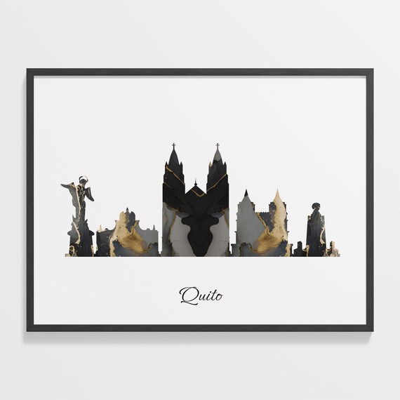 Quito Skyline Minimalist Black Gold Marble Cityscape Art Poster