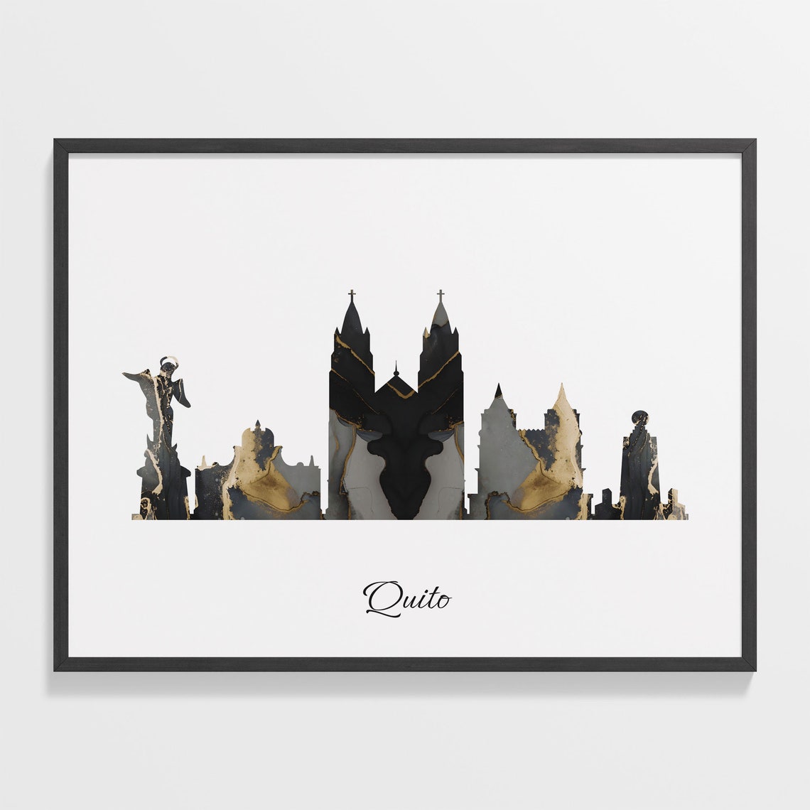 Quito Skyline Minimalist Black Gold Marble Cityscape Art Poster