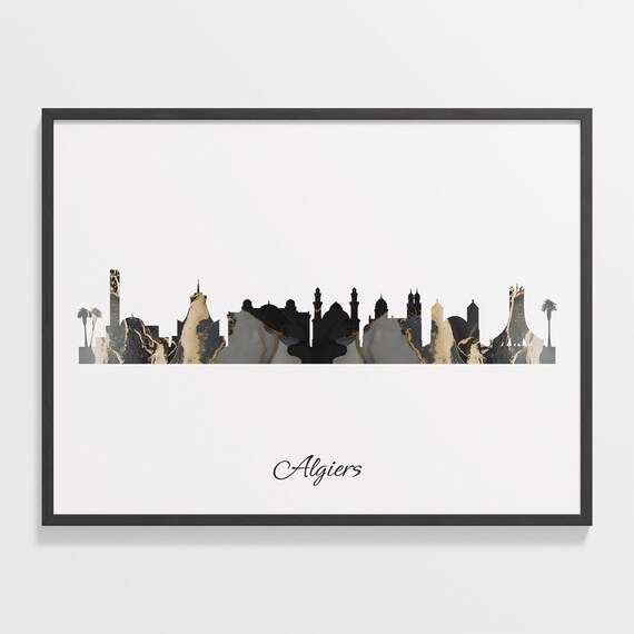 Algiers Algeria Marble Skyline Black Gold Minimalist Cityscape Poster