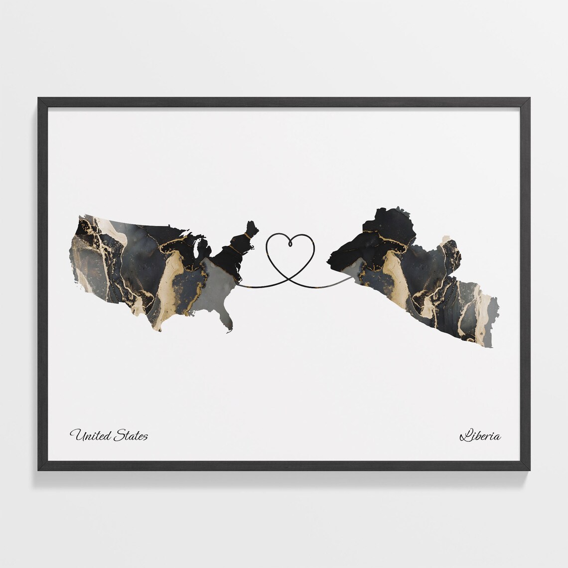 United States To Liberia Long Distance Marble Map Heart Print Art