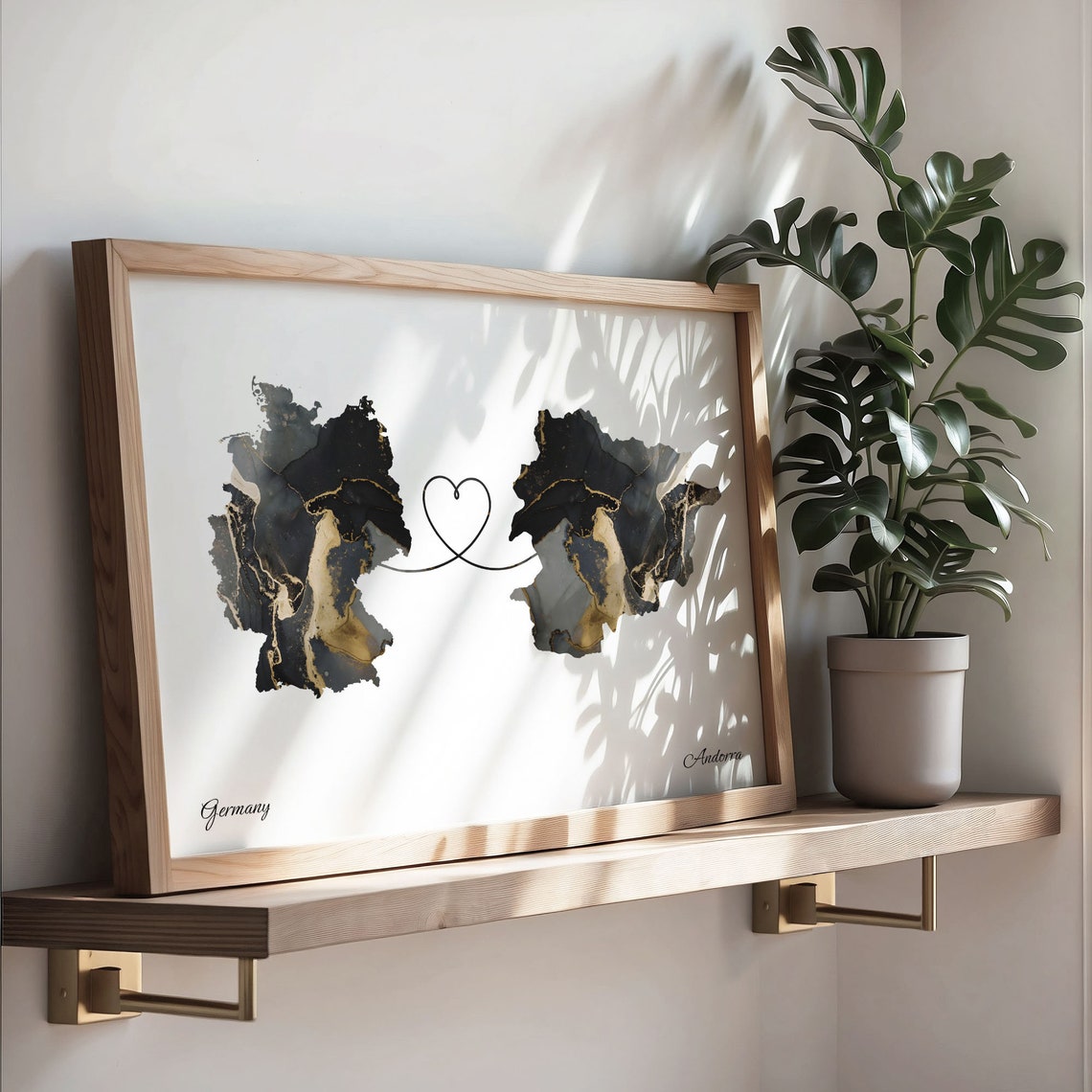 Germany and Andorra Black Gold Marble Two Country Love Map Poster - Image 3