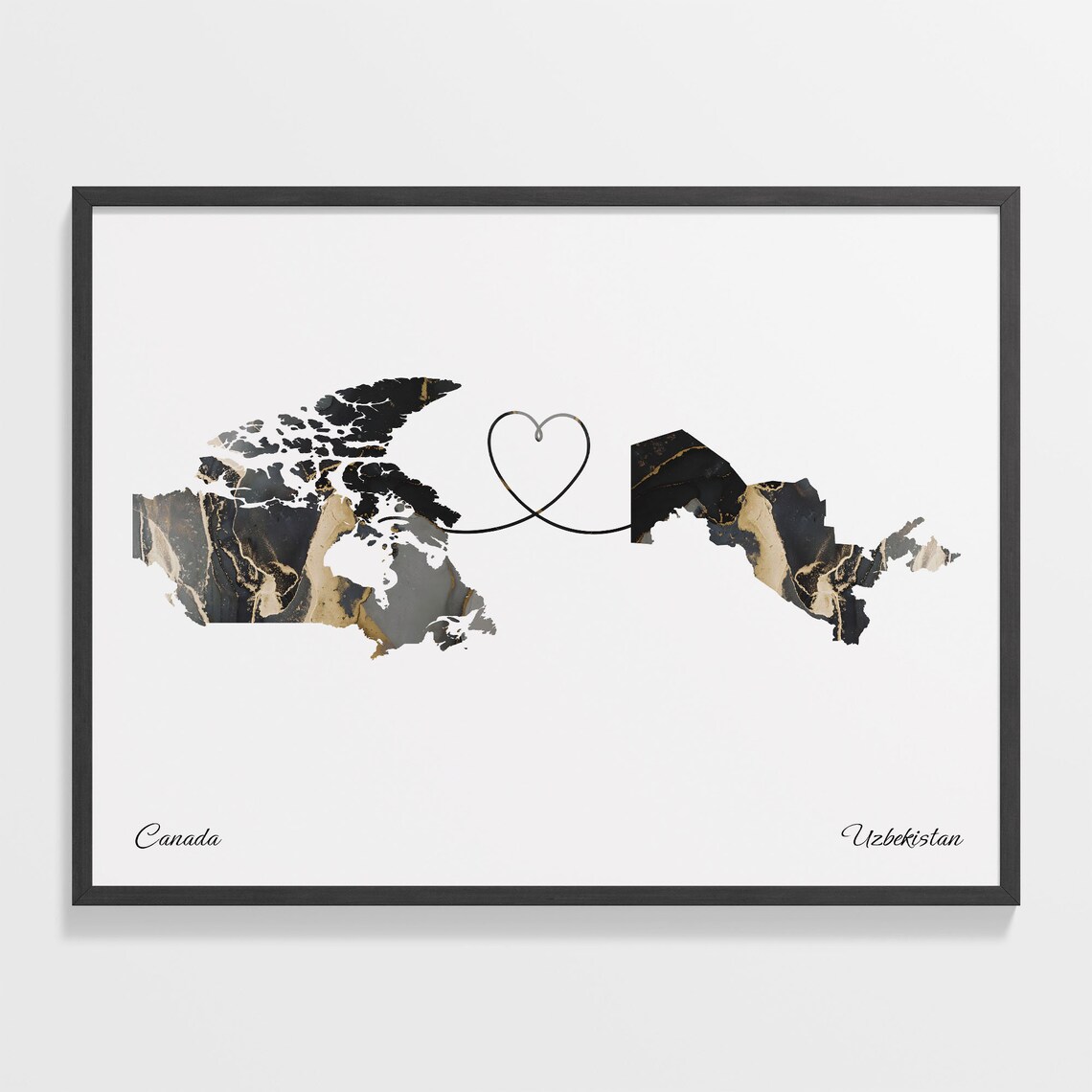 Canada To Uzbekistan Black Gold Marble Long Distance Heart Map Poster