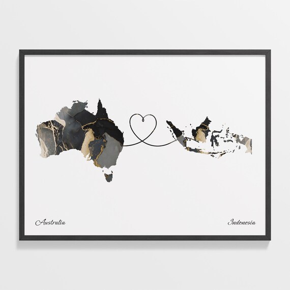 Australia to Indonesia Black and Gold Marble Two Country Map Poster