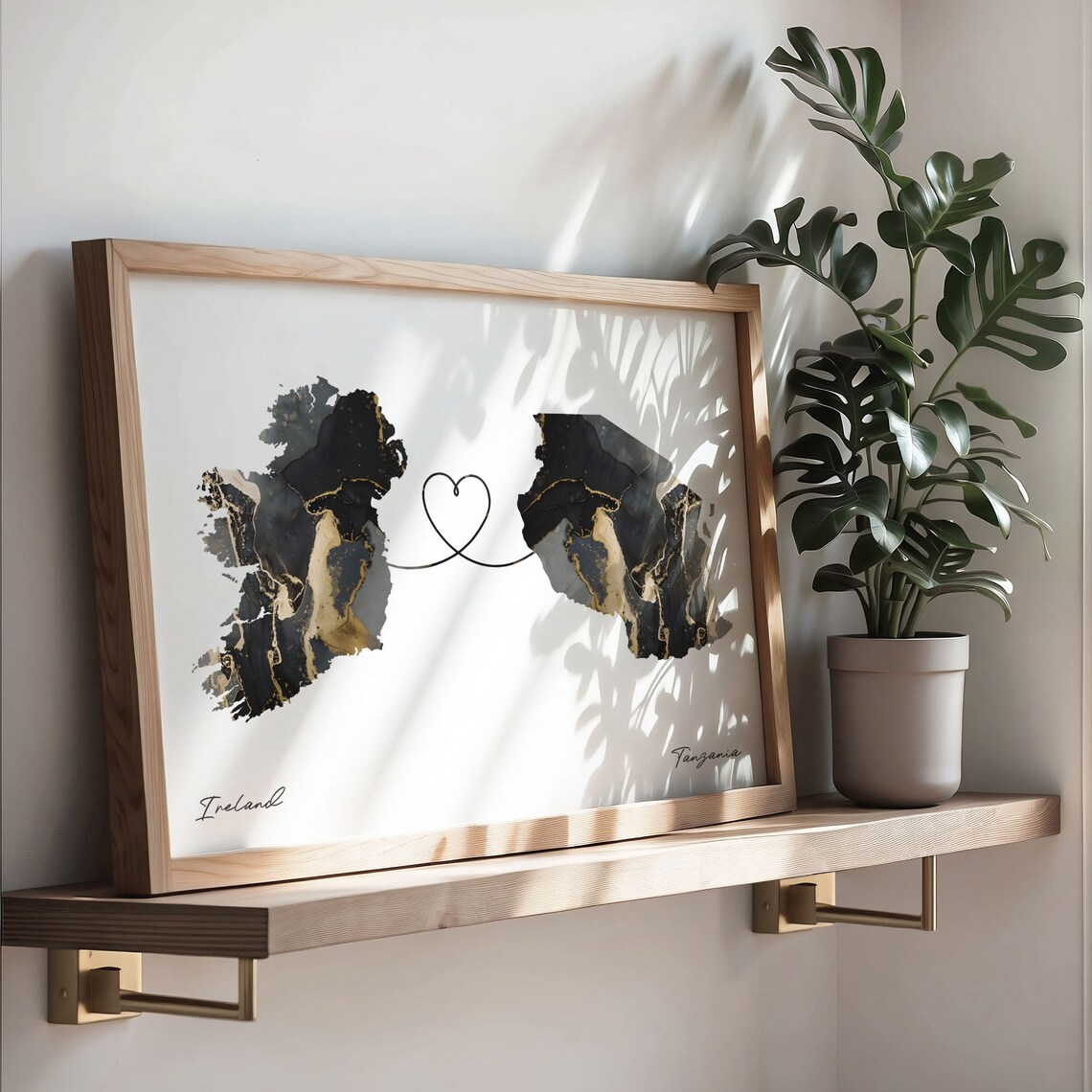 Ireland to Tanzania Heart Connected Long Distance Marble Map Poster - Image 3